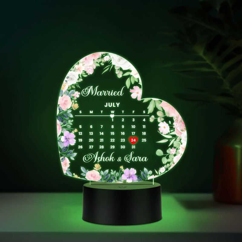 Personalized Heart Shape Wedding LED Lamp Custom with Names and Marriage Date – Romantic Anniversary & Wedding Gift for Couples, Husband, Wife | Multicolored Light with USB Cable